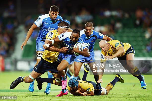 Semisi Masirewa of the Western Force is tackled during the round three Super Rugby match between the Western Force and the Brumbies at nib Stadium on...