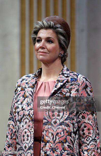 Queen Maxima of the Netherlands attends a ceremony at the Paris city hall on March 11, 2016 in Paris, France. Queen Maxima and King Willem-Alexander...