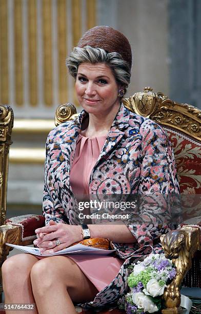 Queen Maxima of the Netherlands attends a ceremony at the Paris city hall on March 11, 2016 in Paris, France. Queen Maxima and King Willem-Alexander...