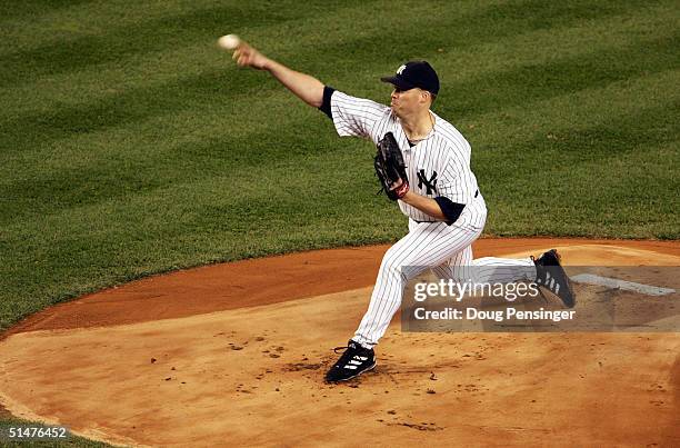 Pitcher Jon Lieber of the New York Yankees throws a pitch against the Boston Red Sox in the first inning during game two of the American League...