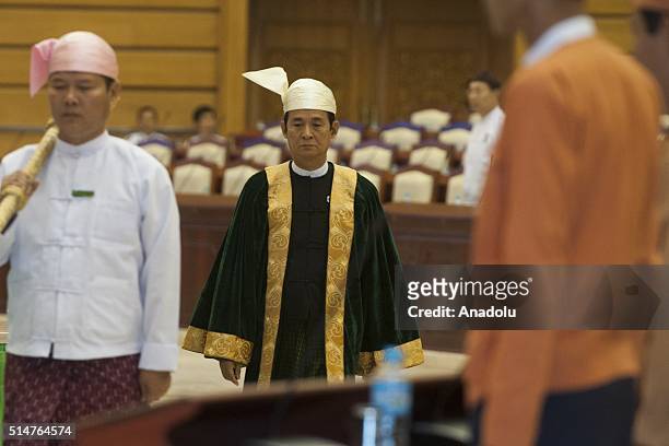 Win Myint, lower house speaker, are seen at parliament in Myanmars capital Nay Pyi Taw on after two nominees from Aung San Suu Kyis National League...