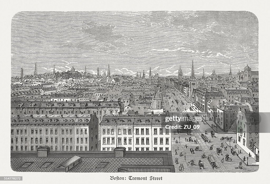 Tremont Street in Boston, Massachusetts, USA, wood engraving, published 1880