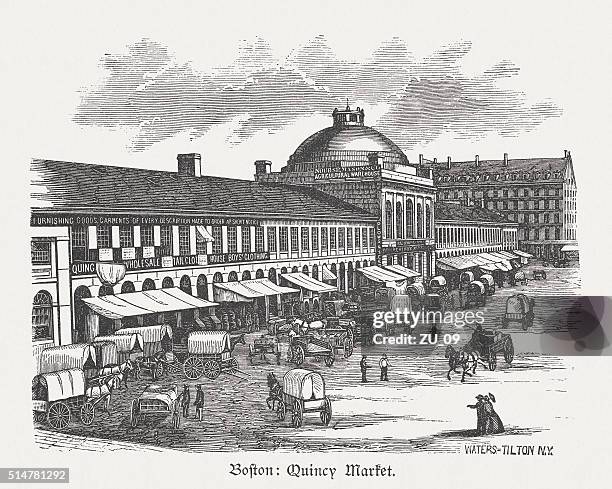 stockillustraties, clipart, cartoons en iconen met quincy market, boston, massachusetts, usa, wood engraving, published in 1880 - faneuil hall