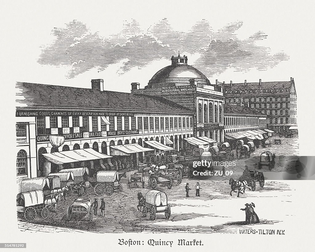 Quincy Market, Boston, Massachusetts, USA, wood engraving, published in 1880