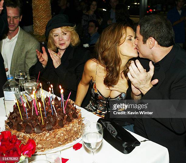 Actors Piper Laurie and John Travolta help celebrate Kelly Preston's birthday at the after party for the premiere of Lions Gates' "Eulogy" at the...