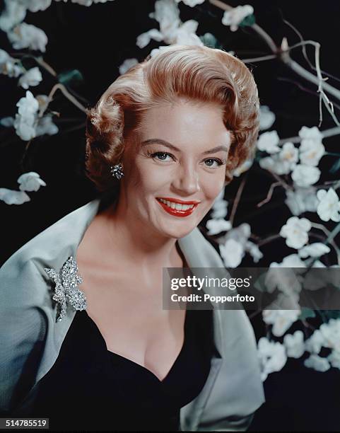 American actress and singer Sheree North posed wearing a black dress and silver coloured stole with a rhinestone butterfly brooch in 1958.