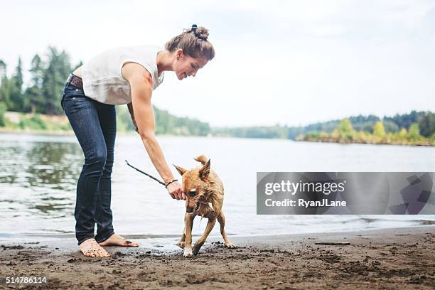 adult woman playing fetch with pet dog - apporteren stockfoto's en -beelden