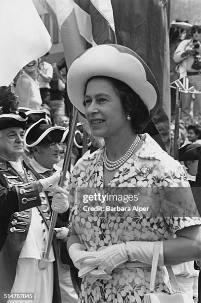 Queen Elizabeth II visits Boston for the bicentenary celebrations of U.S. Independence , Massachusetts, USA, 11th July 1976.