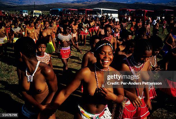 Maidens in traditional clothing line up to dance at the annual Reed Dance on September 11, 2004 in Nongoma in rural Natal, South Africa. About 20,000...