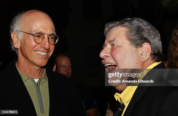 Actors Larry David and Jerry Lewis arrive at a special screening of "The Nutty Professor" hosted by Jerry Lewis on October 12, 2004 at the Paramount...