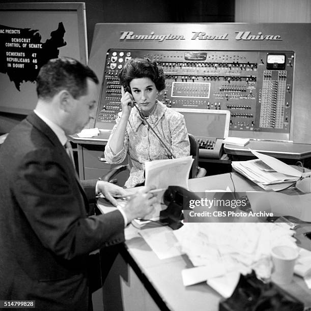 News coverage of the United States presidential election on Tuesday, November 6, 1956. Reporting the returns from CBS election headquarters, Grand...