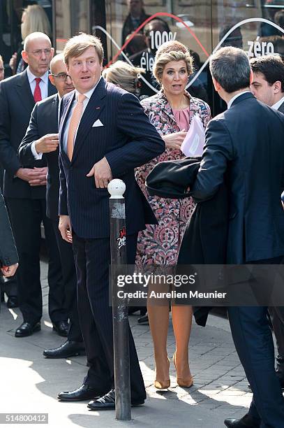 King Willem-Alexander of The Netherlands and Queen Maxima arrive to the Museum of Fashion and Design for an economical dialogue between the MEDEF and...