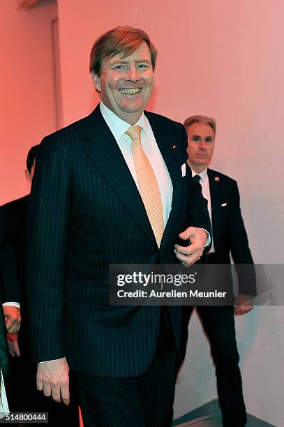 King Willem-Alexander of The Netherlands arrives to the Museum of Fashion and Design for an economical dialogue between the MEDEF and the VNO on...