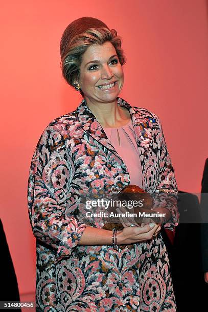 Queen Maxima of The Netherlands arrives to the Museum of Fashion and Design for an economical dialogue between the MEDEF and the VNO on March 11,...