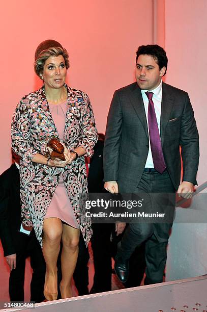 Queen Maxima of The Netherlands arrives to the Museum of Fashion and Design for an economical dialogue between the MEDEF and the VNO on March 11,...