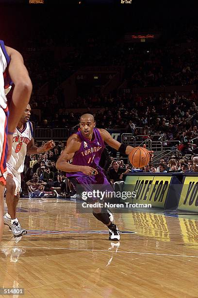 Vince Carter of the Toronto Raptors drives the lane during a game against the New York Knicks at Madison Square Garden in New York, New York. DIGITAL...