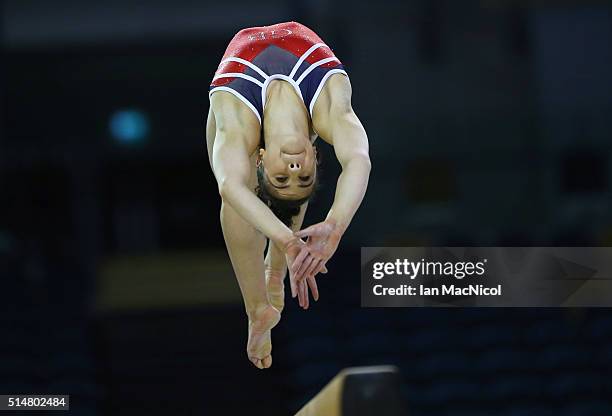 Claudia Frangipane of Great Britain competes on the Beam during practice prior to the 2016 FIG Artistic World Cup at The Emirates Arena on March 11,...