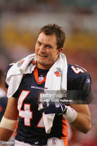 Safety John Lynch of the Denver Broncos stands on the sideline during the game against the Tampa Bay Buccaneers at Raymond James Stadium on October...