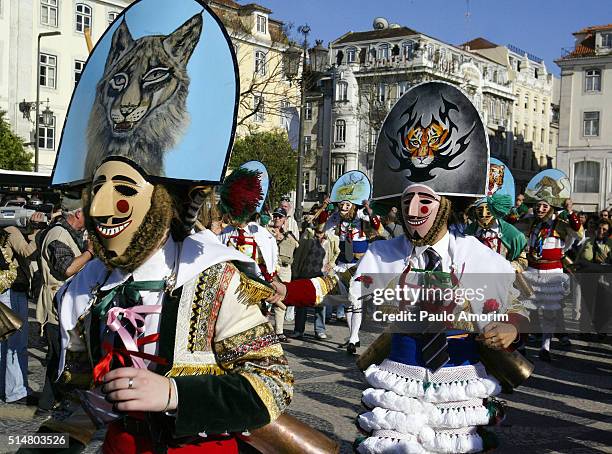 iberian mask parade in lisbon - traditionally portuguese stock pictures, royalty-free photos & images