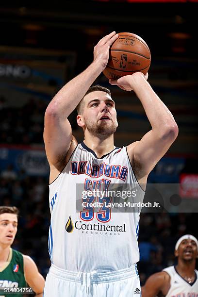Mitch McGary of the Oklahoma City Blue shoots a free throw against the Reno Bighorns during an NBA D-League game on March 10, 2016 at the Chesapeake...