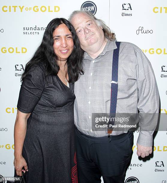 Food critic Jonathan Gold and his wife, newspaper editor Laurie Ochoa attend the premiere of "City Of Gold" at Grand Central Market on March 10, 2016...