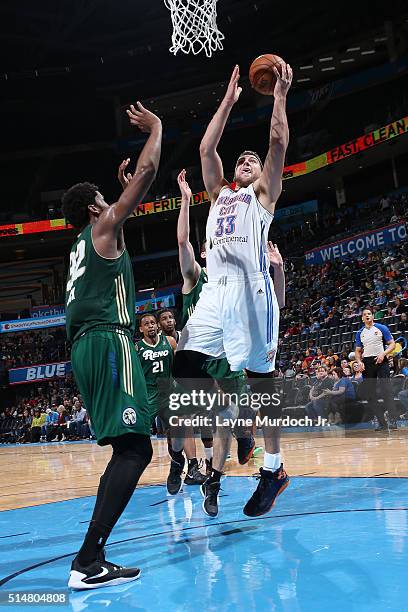 Mitch McGary of the Oklahoma City Blue shoots the ball against the Reno Bighorns during an NBA D-League game on March 10, 2016 at the Chesapeake...