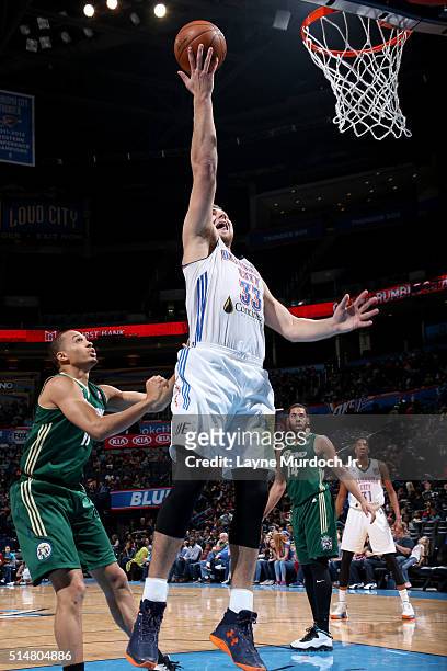 Mitch McGary of the Oklahoma City Blue drives to the basket against the Reno Bighorns during an NBA D-League game on March 10, 2016 at the Chesapeake...