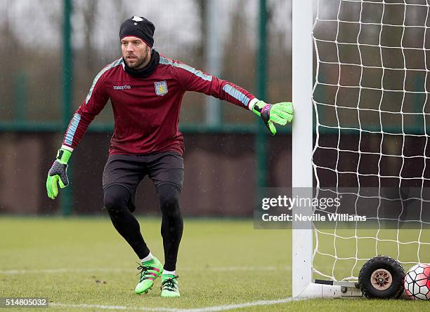 Mark Bunn of Aston Villa in action during a Aston Villa training session at the club's training ground at Bodymoor Heath on March 11, 2016 in...