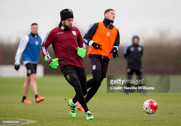 Mark Bunn of Aston Villa in action during a Aston Villa training session at the club's training ground at Bodymoor Heath on March 11, 2016 in...