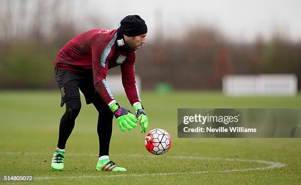 Mark Bunn of Aston Villa in action during a Aston Villa training session at the club's training ground at Bodymoor Heath on March 11, 2016 in...