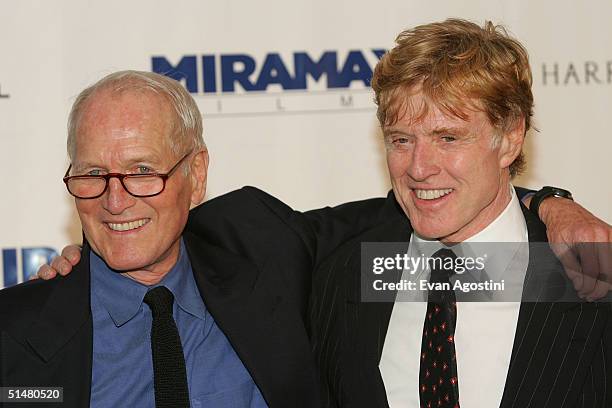 Actors Paul Newman and Robert Redford attend the the Westport Country Playhouse gala benefit dinner at the Hyatt Regency October 14, 2004 in...