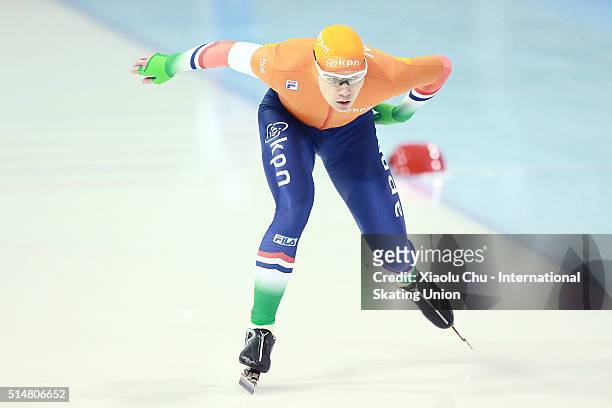 Joep Baks of Netherlands competes in the Men 1500m on day one of the ISU Junior Speed Skating Championships 2016 at the Jilin Speed Skating OVAL on...