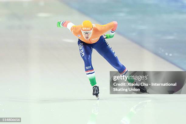 Joep Baks of Netherlands competes in the Men 1500m on day one of the ISU Junior Speed Skating Championships 2016 at the Jilin Speed Skating OVAL on...