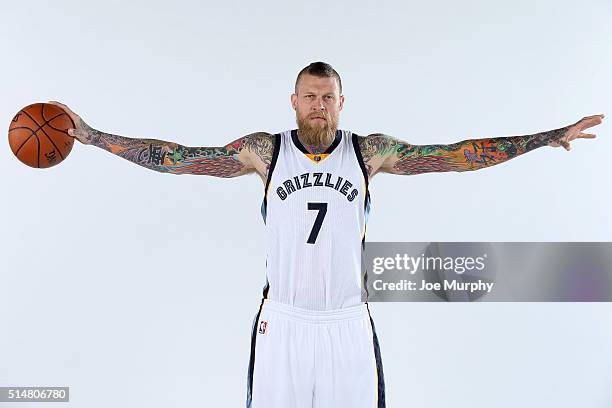 Chris Andersen of the Memphis Grizzlies poses for a portrait on March 3, 2016 at FedExForum in Memphis, Tennessee. NOTE TO USER: User expressly...