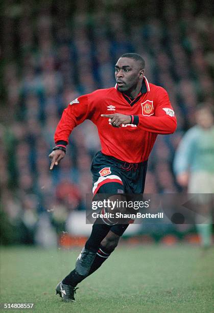 English footballer Andy Cole playing for Manchester United against Manchester City, in an English Premier League match at Maine Road, Manchester,...