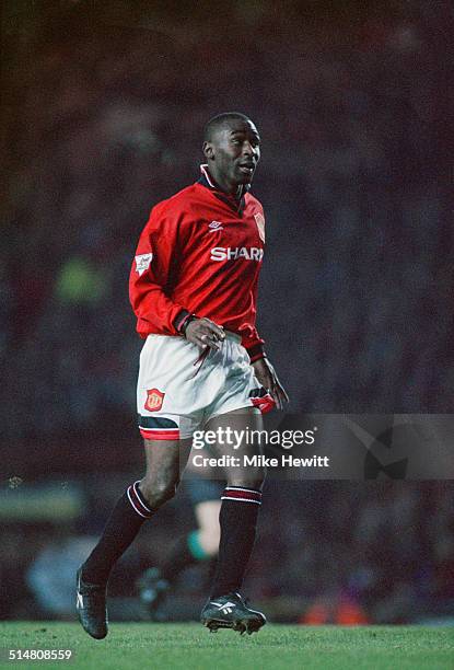 English footballer Andy Cole playing for Manchester United against Blackburn Rovers, in an English Premier League match at Old Trafford, Manchester,...