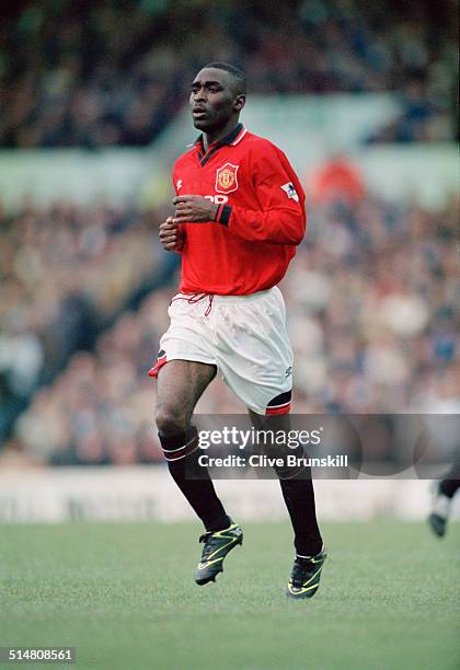 English footballer Andy Cole playing for Manchester United against Leeds United, in an English Premier League match at Elland Road, Leeds, 24th...