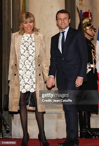 French Minister of Economy Emmanuel Macron and his wife Brigitte Trogneux arrive at The State Dinner in Honor Of King Willem-Alexander of the...