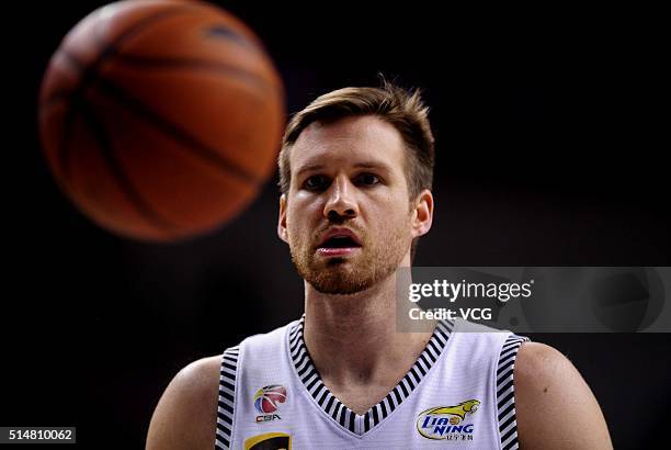 Shavlik Randolph of Liaoning Flying Leopards eyes the ball during the Chinese Basketball Association 15/16 season play-off final match between...