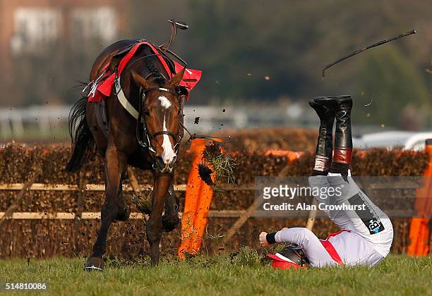 Jamie Moore is unseated from Le Boizelo at the last in The Team Army Handicap Hurdle Race at Sandown racecourse on March 11, 2016 in Esher, England.