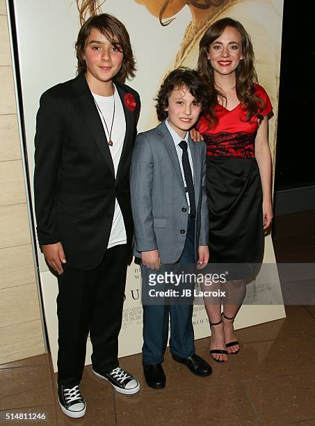 Adam Greaves Neal, Finn McLeod-Ireland and Sara Lazzaro attend the screening of Focus Features' "The Young Messiah" on March 10, 2016 in Los Angeles,...