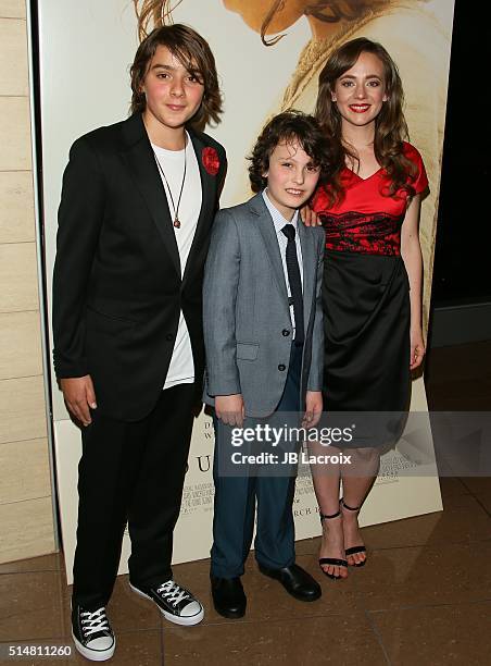 Adam Greaves Neal, Finn McLeod-Ireland and Sara Lazzaro attend the screening of Focus Features' "The Young Messiah" on March 10, 2016 in Los Angeles,...