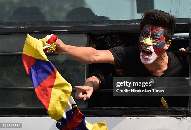 Tibetan exile students during the protest outside the Chinese Embassy on the 57th Tibetan National Uprising Day of 1959 in which thousands of Tibetan...