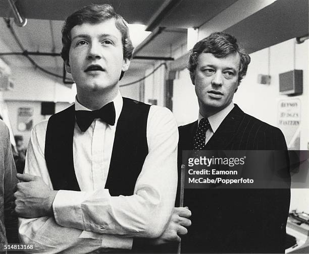 English snooker player Steve Davis with his manager Barry Hearn after winning the 1982 Benson & Hedges Masters in January 1982 at the Wembley...
