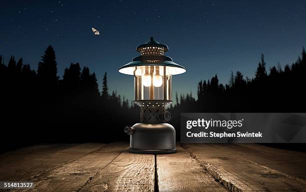 lantern on a picnic table in the forest - picnic table stock-fotos und bilder