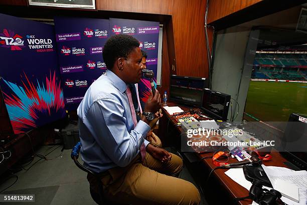 Commentator Pommie Mbangwa in action during the ICC Twenty20 World Cup Round 1 Group B match between Scotland and Zimbabwe at the Vidarbha Cricket...