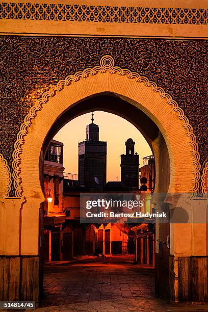 the bab bou jeloud gate, medina of fez - bab boujeloud stock pictures, royalty-free photos & images