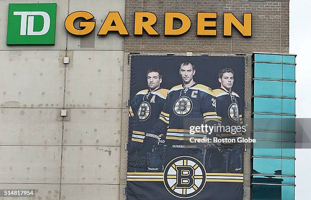 Sign advertising for the Boston Bruins hangs on the side of the TD Garden in Boston, April 19, 2013.