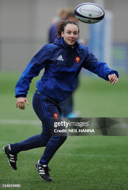 France's Laure Sansus warms up ahead of the Women's 6 Nations rugby union match between Scotland and France at the Broadwood Stadium in Cumbernauld,...