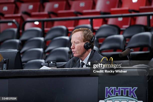 Sacramento Kings broadcaster Grant Napear looks on prior to the game between the Oklahoma City Thunder and Sacramento Kings on February 29, 2016 at...